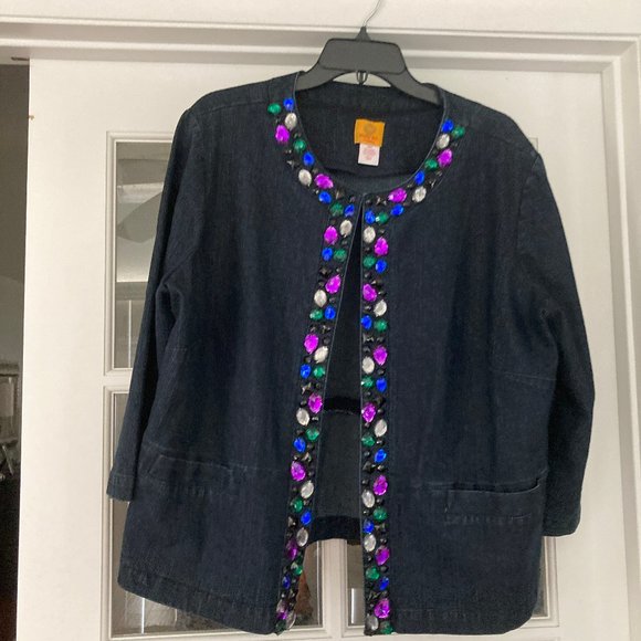 Ruby Rd. Woman Collarless Jeweled Denim Jacket 18W - Picture 9 of 9